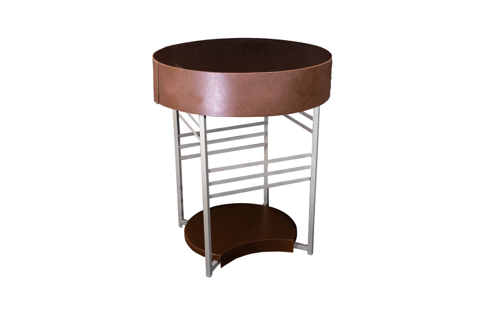 MESA DE CANTO REDONDA TAMPO MADEIRA E PÉ DE FERRO